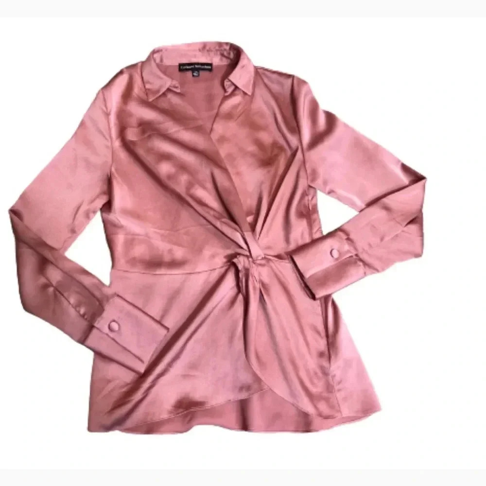 CATHERINE MALANDRINO TOP DUSTY ROSE PINK LONG SLEEVE BLOUSE PEPLUM SIZE XS - Picture 3 of 10